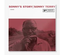 "SONNY'S STORY/SONNY TERRY" und "PRESTIGE BLUESVILLE" Logo. Mann mit Brille spielt Mundharmonika vor Bahngleisen.
