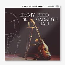 Text: "Stereophonic," "JIMMY REED at CARNEGIE HALL." Gitarrenabbildung und stilisierte Gesichtszeichnung links.