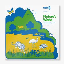 "Nature's World: Musik für Tiere, Vögel, Fische... Illustration mit Tier- und Naturmotiven in Gelb, Blau, Grün."