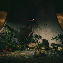 Keine sichtbaren Texte. Eine dunkle, mystische Szene mit Pflanzen, Felsen und einer geschwungenen Betonstruktur.