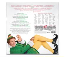 Text oben: Song-Titel und Zeiten einer Liste. Unten: "Will Ferrell", "James Caan", "elf". Ein Mann in grünem Kostüm liegt lächelnd. 