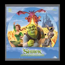 „Shrek“, „Original Motion Picture Score“. Charaktere: grüner Oger, Prinzessin, Esel und Feuer speiender Drache vor Burg.