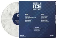 "Vanilla Ice - Ice Ice Baby" steht oben, mit Liedtiteln auf Seite A und B. Die Schallplatte ist marmoriert.