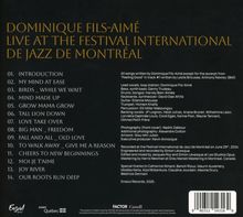 "Dominique Fils-Aimé Live at the Festival International de Jazz de Montréal." Trackliste und Produktionsdetails in Weiß auf Schwarz.