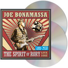 "Joe Bonamassa", "The Spirit of Rory", "Live from Cork". Illustration von Gitarristen mit retro Design und CDs.