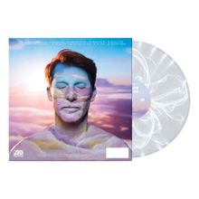 Oben stehen 12 Liedtitel. Ein Mann mit geschlossenen Augen ist in Wolkenfarben bemalt. Transparentes Vinyl daneben.