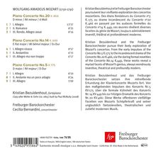 Beschreibung von Mozarts Klavierkonzerten mit Interpreten: Kristian Bezuidenhout und das Freiburger Barockorchester. Enthält Werkzeiten. Logo des Freiburger Barockorchesters.