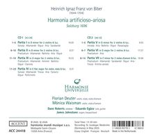 "Heinrich Ignaz Franz von Biber (1644-1704), Harmonia artificioso-ariosa, Salzburg 1696. CD 1 enthält 43:39, CD 2 enthält 46:10. Logo von Harmonie Universelle darunter."