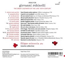 "Arias for Giovanni Rubinelli", Titel der Arien inklusive Komponisten, Jahre und Orte. Logo oben rechts. Unten Infos zur Aufnahme.
