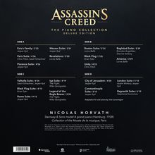 "Assassin's Creed: The Piano Collection Deluxe Edition." Vier musikalische Seiten: A-D, mit Stücken und Komponisten.