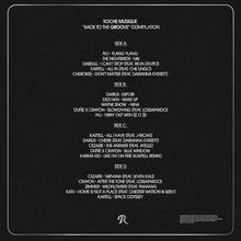 Texte im Bild:
- "ROCHE MUSIQUE 'BACK TO THE GROOVE' COMPILATION"
- Tracklist von Seite A bis D
- Logo: Buchstabe "R" am unteren Rand