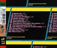 Eine Liste von 12 Liedtiteln mit Zeiten. Links ein Barcode, oben links ein Logo mit „Human Sounds“. Dominant schwarze und gelbe Farben.