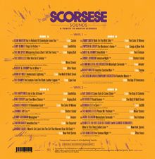 „SCORSESE SOUNDS: A Tribute to Martin Scorsese“. Titellisten von Vinyl 1 und 2 auf farbigem Hintergrund.