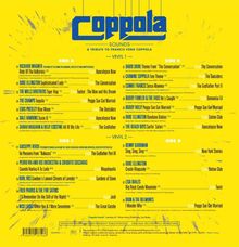 "Coppola Sounds: A Tribute to Francis Ford Coppola" in blauem Logo-Stil auf gelbem Hintergrund. Liste von Songs und Künstlern.