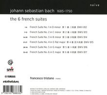 "Johann Sebastian Bach 1685-1750", "the 6 french suites". Stücke 1 bis 6 aufgelistet, von Francesco Tristano interpretiert. Logos unten.