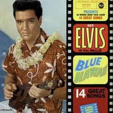 "Presents an original soundtrack album, 14 great songs. See Elvis in Hal Wallis' Blue Hawaii." Ein Mann mit Ukulele.