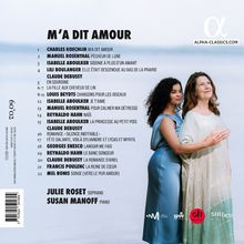 Titel: M'A DIT AMOUR. Liste von Komponisten und Musikstücken. Julie Roset (Sopran), Susan Manoff (Piano). Zwei Frauen umarmen sich.