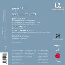 Text: HAYDN 2032 NO.19 TRAUER, Joseph Haydn, Arvo Pärt, Samuel Scheidt, Il Giardino Armonico, Giovanni Antonini, ALPHA-CLASSICS.COM. 

Blauer Hintergrund, mehrere Logos.