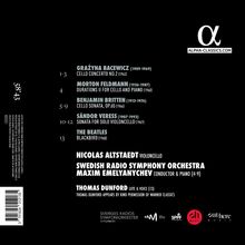 Texte über Musikwerke verschiedener Komponisten mit Details zu Interpreten. Unten rechts Logos verschiedener Musiklabels.