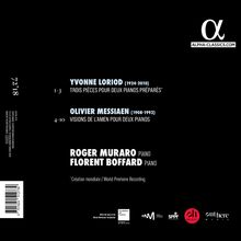 Yvonne Loriod, Olivier Messiaen, Roger Muraro, Florent Boffard. Schwarzer Hintergrund, weißer Text, Logo oben rechts.