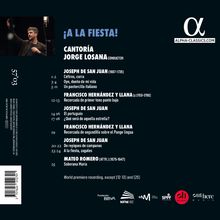 ¡A LA FIESTA! CANTORÍA JORGE LOSANA CONDUCTOR. Oben: Foto eines dirigierenden Mannes. Rechts: Logo ALPHA-CLASSICS.COM.