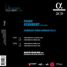 Texte: "FRANZ SCHUBERT COMPLETE PIANO SONATAS Vol.2", "2CD", Martin Helmchen. Logo: α und diverse Musik-Logos.