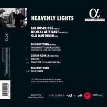 "Heavenly Lights" mit Künstlernamen und Werken von Olli Mustonen und Zoltán Kodály vor schwarzem Hintergrund. Logo oben rechts.