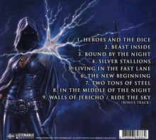 Songliste: 1. Heroes and the Dice, 2. Beast Inside, 3. Bound by the Night, 4. Silver Stallions. Person in Kapuze mit Blitzen.