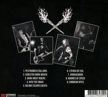Trackliste: 1. Pestridden Stallions, 2. Asbestos Born Wrath, 3. Dark Night Riders, bis 9. Cimbrian Rites. Oben zwei gekreuzte Fackeln. Darunter vier Konzertfotos.