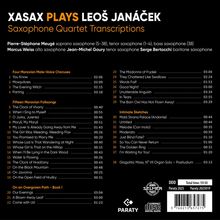 "XASAX PLAYS LEOŠ JANÁČEK. Saxophone Quartet Transcriptions." Verschiedene Saxophonisten aufgeführt. Enthält Titel und Zeiten. Logos: Henriselmer Paris und Paraty.