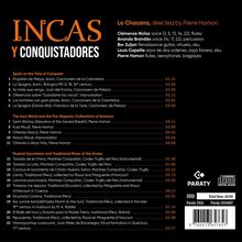 "Incas y Conquistadores" oben links, Liste von Musikstücken unterteilt in drei Kategorien mit Interpreten und Dauer rechts.