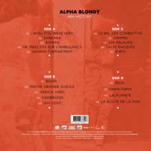 Text: "ALPHA BLONDY, JAH VICTORY, Side A: 01. I WISH YOU WERE HERE... 05. DEMAIN T'APPARTIENT, Side B: 01. BAHIA... 05. JAH LIGHT."  
  
Rotes Design, vier Spalten Texte.
