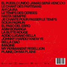 Rote Fläche mit schwarzem Text: Lieder in verschiedenen Sprachen, darunter "EL PUEBLO UNIDO JAMÁS SERÁ VENCIDO" und "BELLA CIAO". Unten kleine Logos.