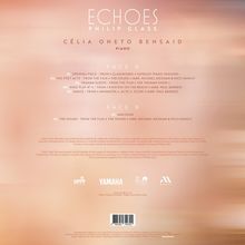 "Echoes Philip Glass", Céila Oneto Bensaid, Piano. Titelliste umfasst Werke von Filmen und Bühnenstücken wie "The Hours" und "Einstein on the Beach".
