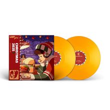 "CHRISTMAS 2025" und "LOFI girl" auf einem roten Plattencover, dazu zwei gelbe Schallplatten. Illustration eines Mädchens am Tisch.