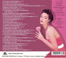 Eine Trackliste mit Songs, die "Pink" enthalten. Rechts ist eine Illustration einer eleganten Frau mit Weinglas.