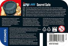 "Secret Safe" und Warnhinweise auf mehreren Sprachen. Illustration: Eine Hand hält einen runden Tresor. "Spy Labs" Logo.