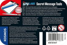 „Spy Labs Secret Message Tools“ mit Text auf mehreren Sprachen. Abbildung von Notizblock, Stift, Pinsel und Dose.