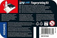 Text: "SPY LABS Fingerprinting Kit. Set zum Sichern und Vergleichen von Fingerabdruckspuren." Illustration: Lupenset und Fingerabdruckmaterial.