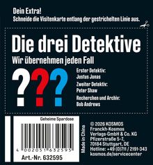 Texte: "Die drei Detektive. Wir übernehmen jeden Fall." Illustration mit Fragezeichen in Weiß, Rot und Blau.