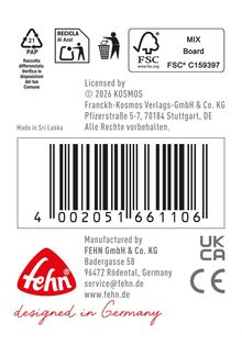 Textangaben zur Lizenz, Herstellung in Sri Lanka. Strichcode vorhanden. Rotes „fehn“ Logo, Text: „designed in Germany“.