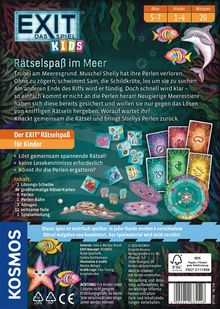 EXIT Das Spiel KIDS: Rätselspaß im Meer; Spielbeschreibung und Details, bunte Meeresmotive, Karten und Perlen illustriert.