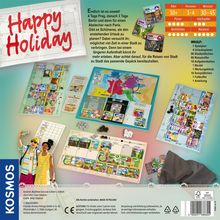 "Happy Holiday" in roter Schrift. Text über Urlaubsplanung. Alter: 10+, 1-4 Personen, 30-45 Minuten. Brettspiel-Illustration.