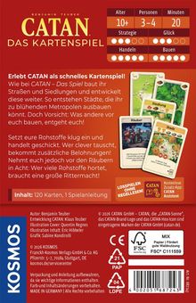 "CATAN - Das Kartenspiel" für Spieler ab 10, dauert 20 Minuten, 3-4 Personen. Enthält 120 Karten, 1 Spielanleitung.