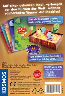 "Auf einer geheimen Insel...die Mookies!" Bunte Karten, eine Schachtel mit Trophäen, und eine freche Spinne.