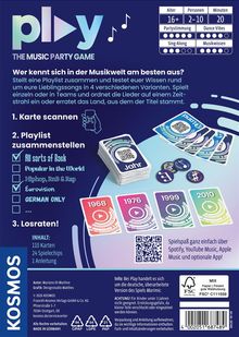 „play – THE MUSIC PARTY GAME“ steht oben. Anleitung mit Karten, um Musikwissen zu testen. Verschiedene Spielkarten sind sichtbar.