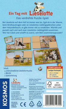 "Ein Tag mit Lieselotte: Das verdrehte Puzzle-Spiel. Inhalt: 4 Lieselotte-Puzzles, 1 Würfel, 1 Spielanleitung. Illustration einer Kuh."