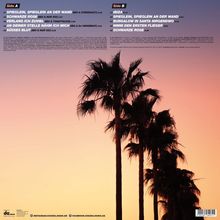 Text: Side A und Side B mit Songtiteln wie "SPIEGLEIN, SPIEGLEIN AN DER WAND". Im Hintergrund Palmen vor farbigem Himmel.