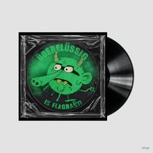 "ÜBERFLÜSSIG IN FLAGRANTI". Illustration eines grünen, cartoonartigen Wesens mit Hörnern auf einer Schallplatte.