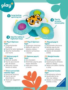 Texte: "1 Langanhaltender Drehspaß", "2 Pop-its für extra Spielspaß", "3 Ideal für Hochstühle und Tische." Illustration: Ein bunter Tiger-Spinner.